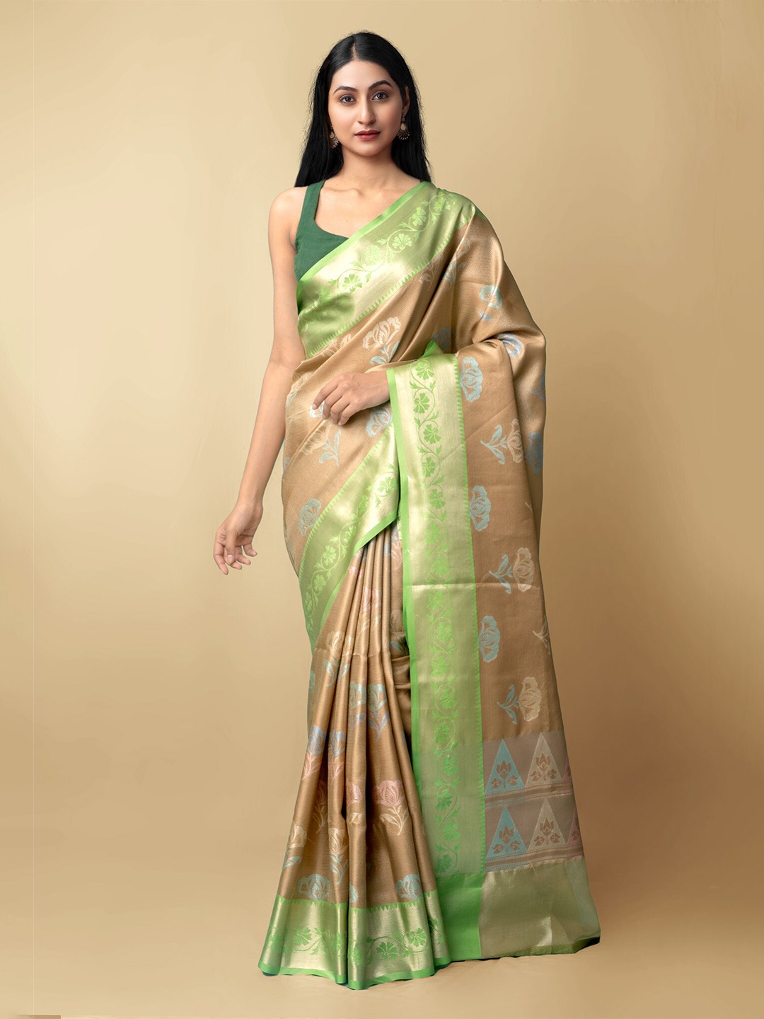 

Unnati Silks Brown & Green Woven Design Zari Silk Cotton Banarasi Saree