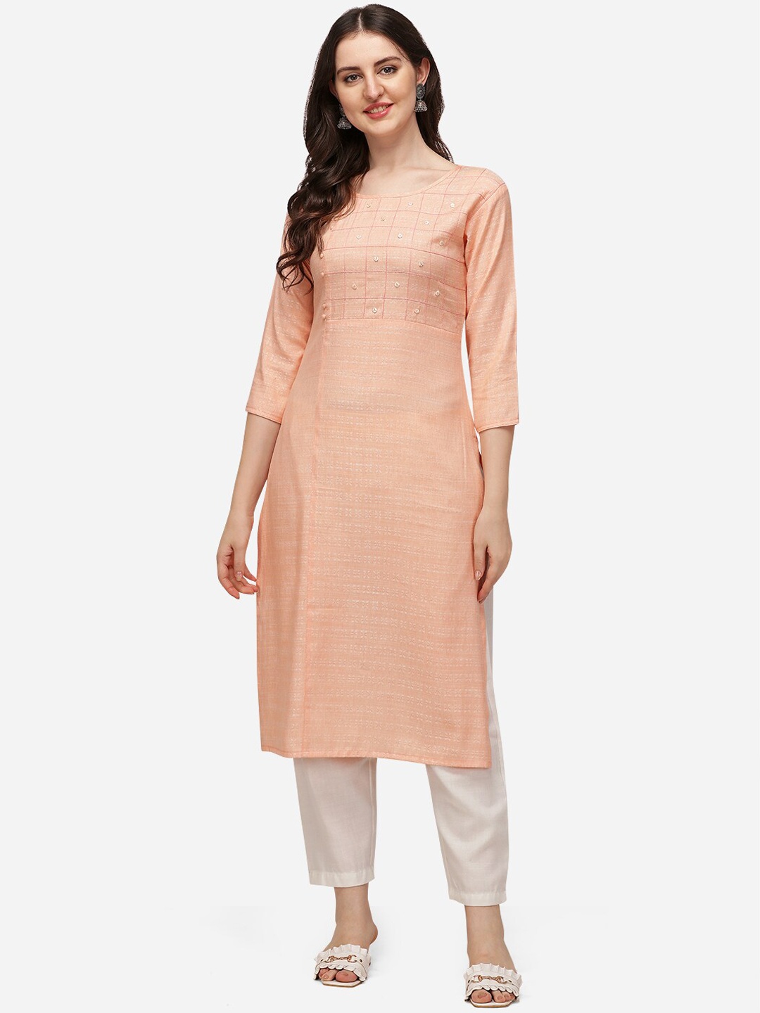 

SAADHVI Women Peach-Coloured Woven Designed Straight Kurta