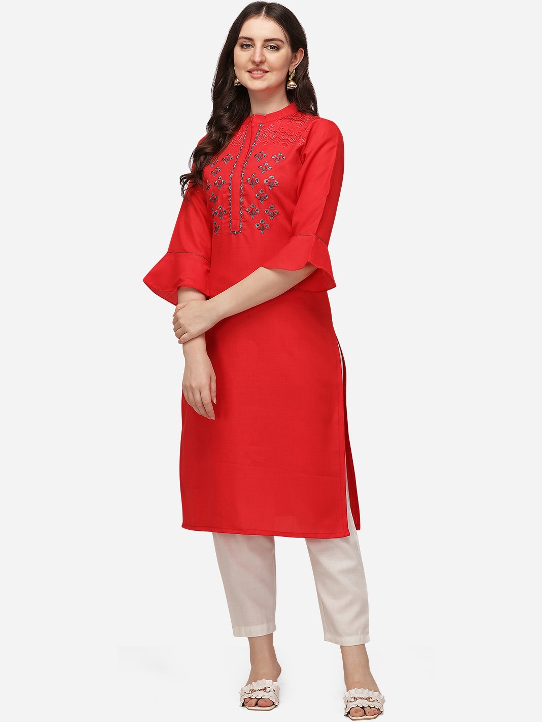 

SAADHVI Women Red Floral Yoke Design Flared Sleeves Thread Work Kurta