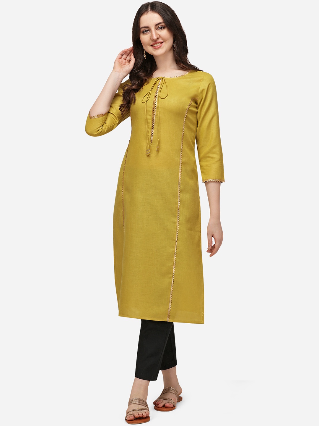 

SAADHVI Women Green Keyhole Neck Cotton Straight Kurta