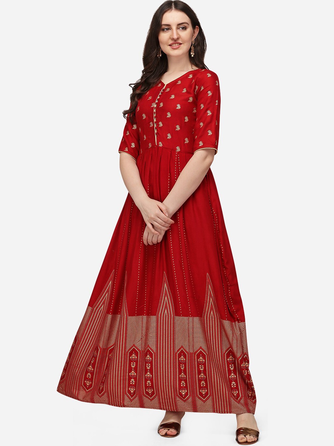 

SAADHVI Women Red Ethnic Motifs Printed Anarkali Kurta