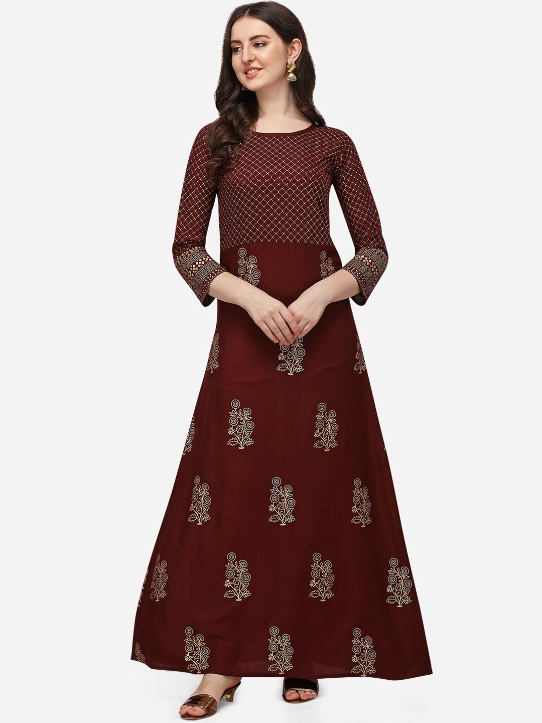 

SAADHVI Women Brown Checked Foil Printed Anarkali Kurta