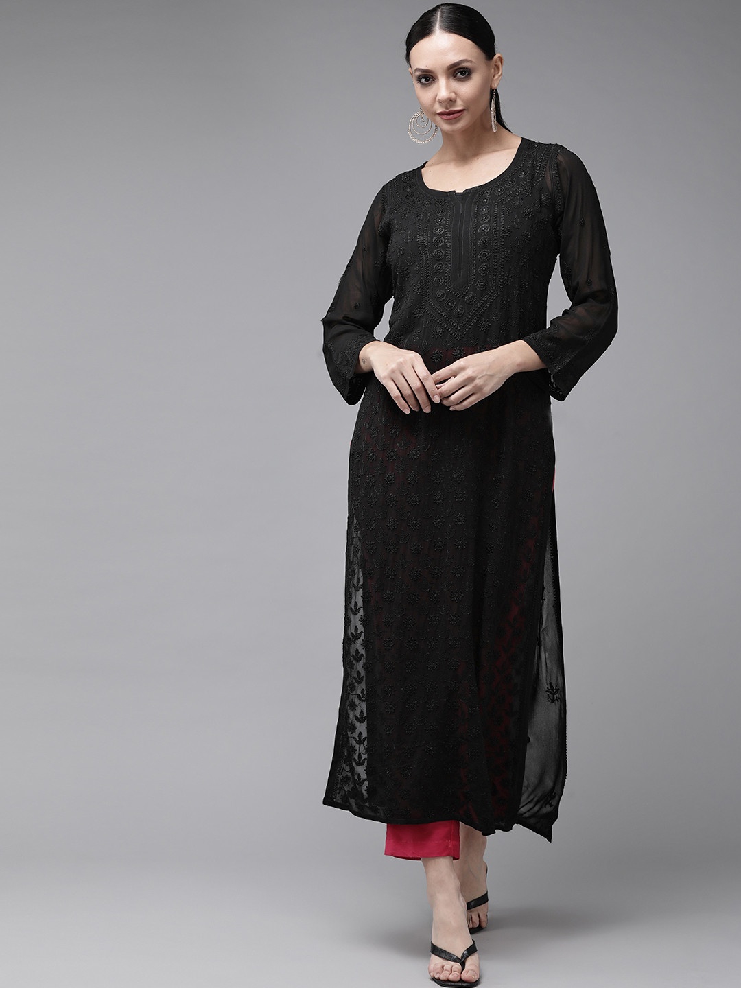 

ADA Women Black Ethnic Motifs Embroidered Chikankari Georgette Kurta