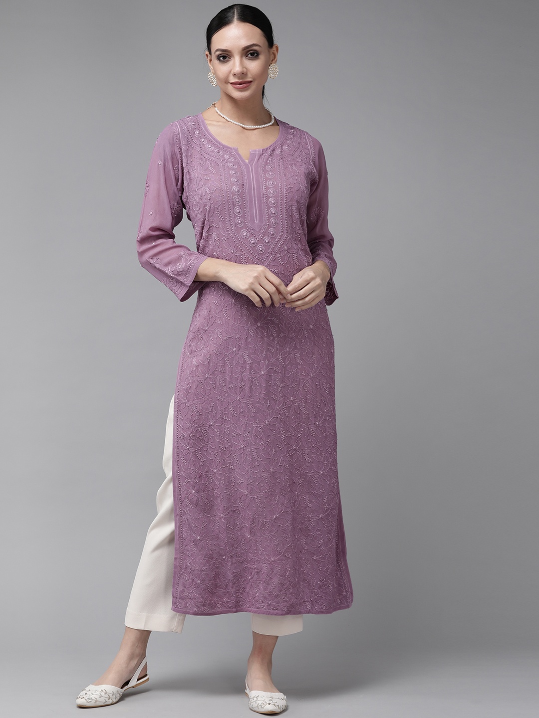 

ADA Women Mauve Ethnic Motifs Embroidered Chikankari Georgette Kurta