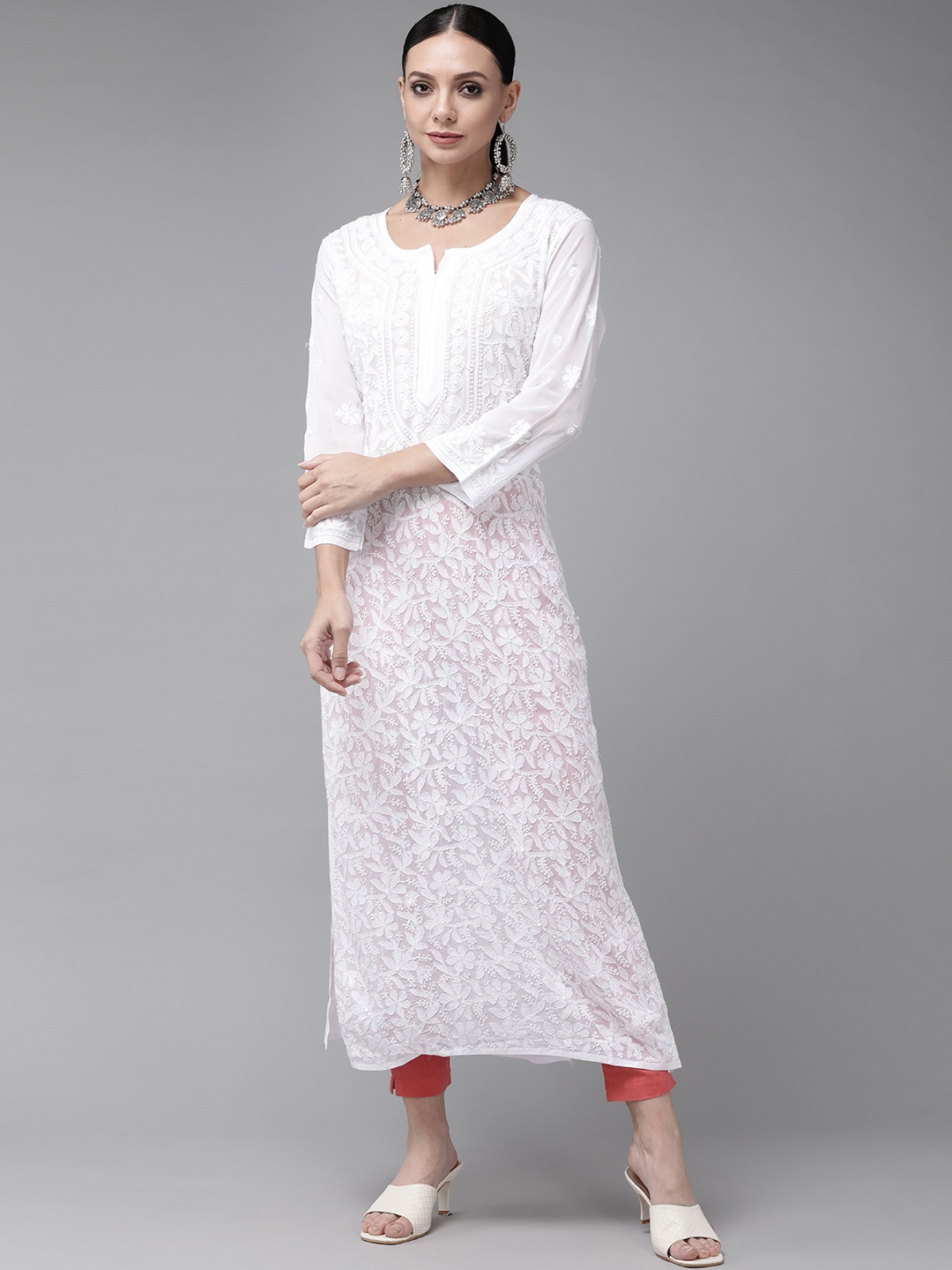 

ADA Women White Ethnic Motifs Embroidered Chikankari Georgette Kurta