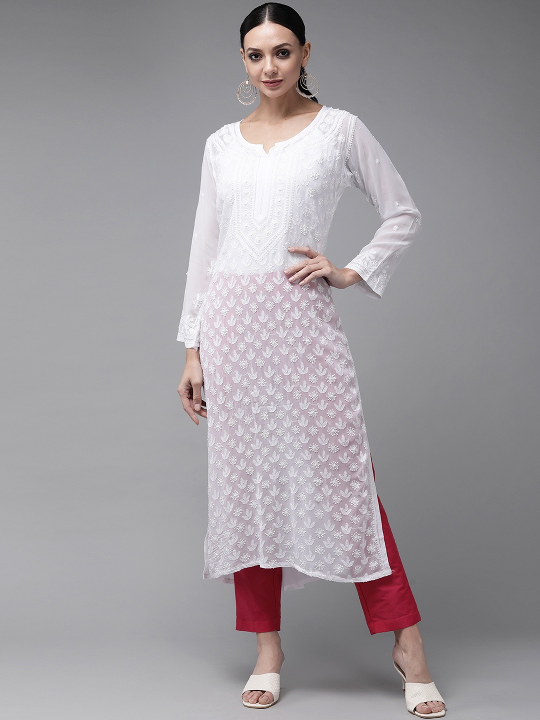 

ADA Women White Ethnic Motifs Embroidered Chikankari Georgette Kurta