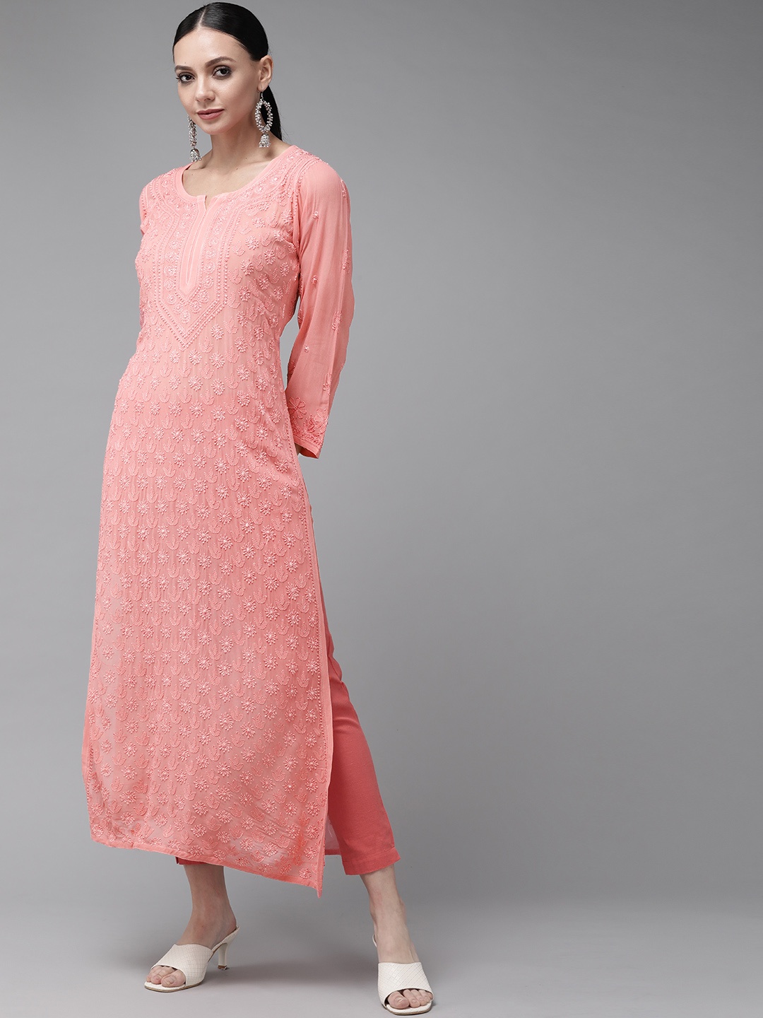 

ADA Women Pink Pink Ethnic Motifs Embroidered Chikankari Georgette Kurta