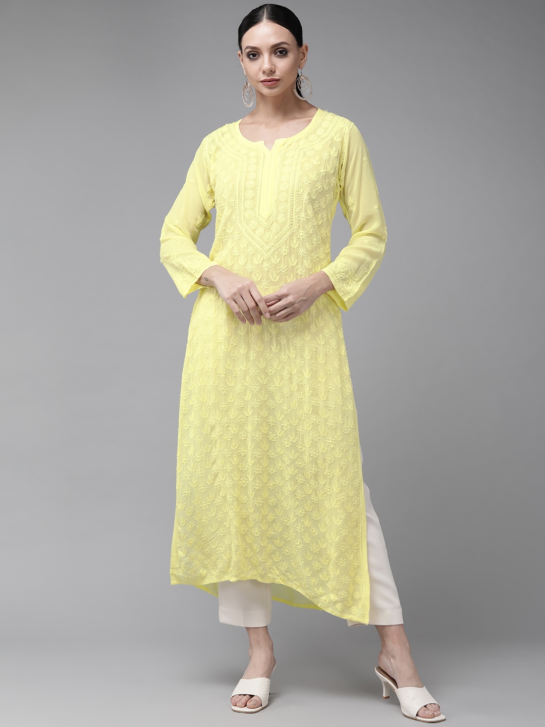 

ADA Women Yellow Ethnic Motifs Embroidered Chikankari Georgette Kurta