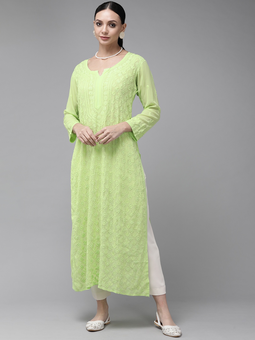 

ADA Women Green Ethnic Motifs Embroidered Chikankari Georgette Handloom Kurta
