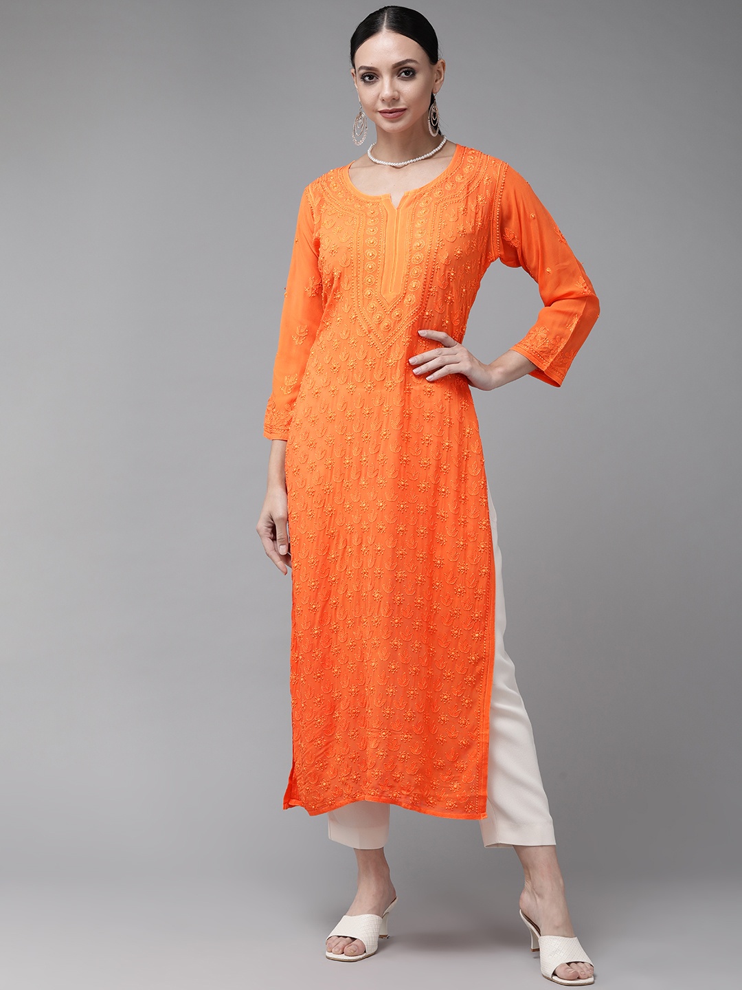 

ADA Women Orange & Orange Ethnic Motifs Embroidered Chikankari Georgette Kurta