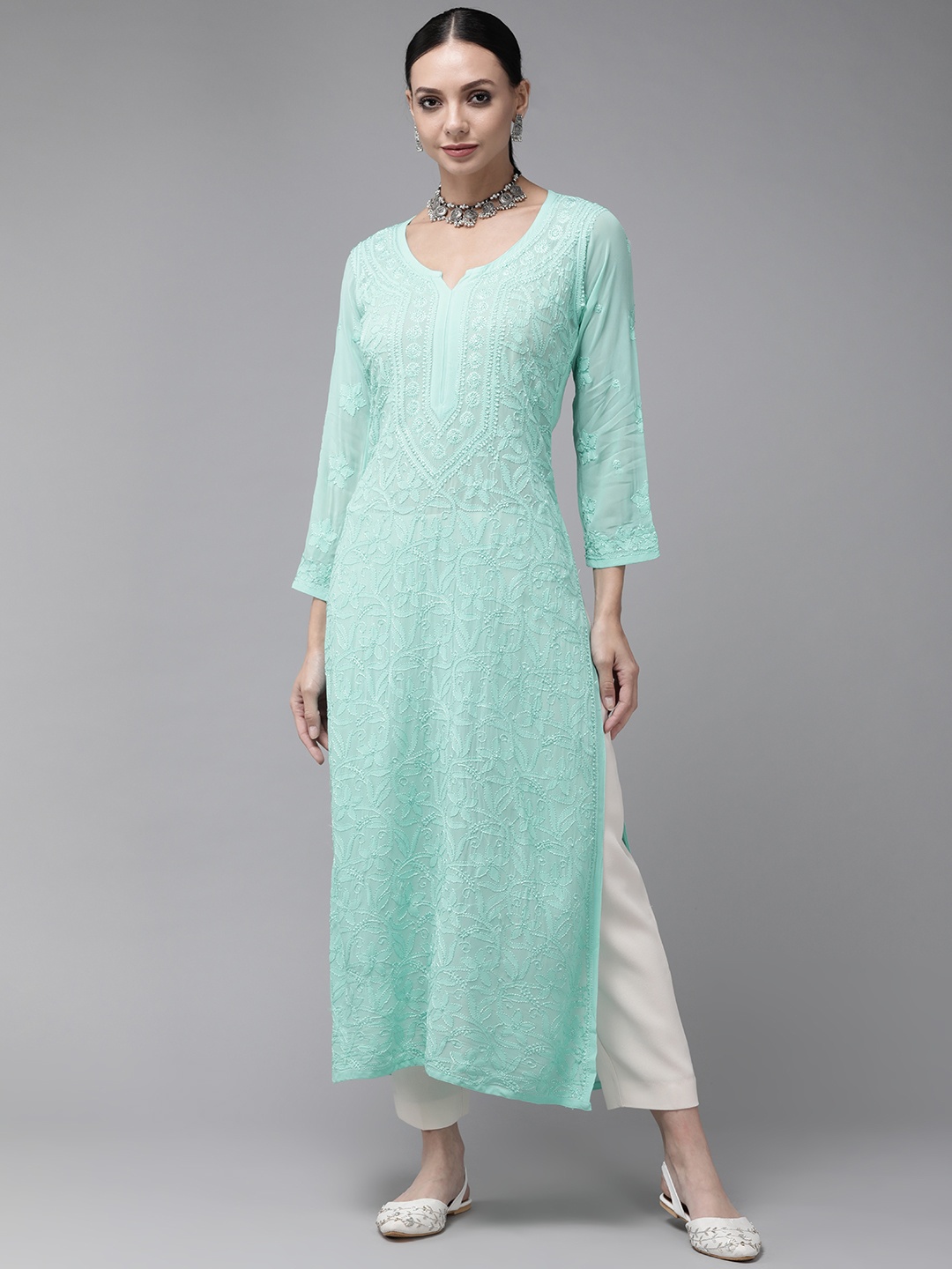 

ADA Women Sea Green & Sea Green Ethnic Motifs Embroidered Chikankari Georgette Kurta