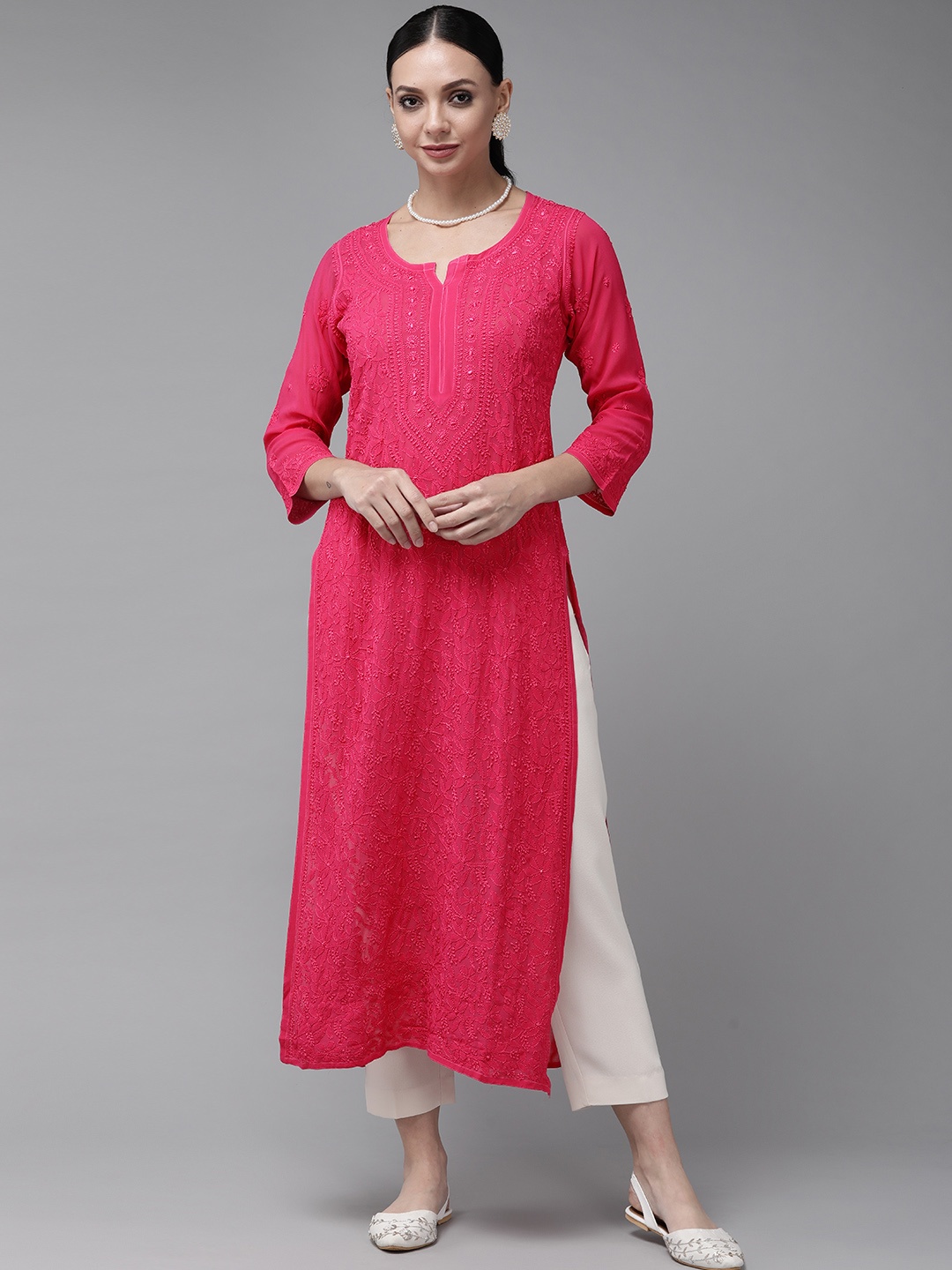 

ADA Women Magenta & Magenta Ethnic Motifs Embroidered Chikankari Georgette Kurta