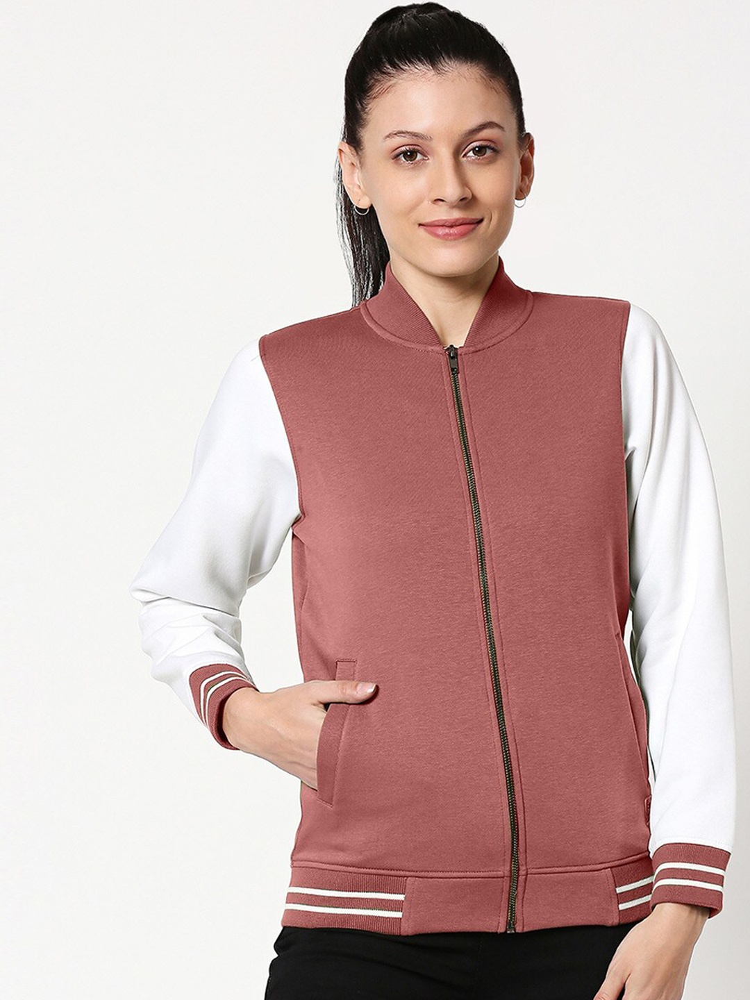 

Bewakoof Women Pink Varsity Solid Jacket