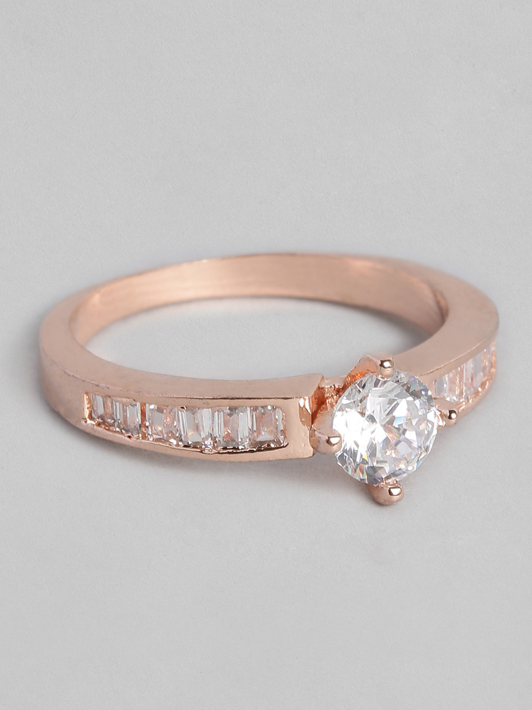 

Peora Women Rose Gold-Plated White Solitaire American Diamond CZ Finger Ring