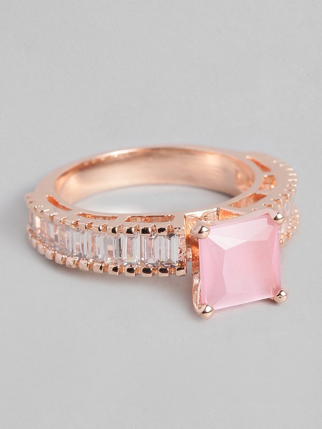 

Peora Women Rose Gold-Plated Pink Square Solitaire American Diamond CZ Finger Ring