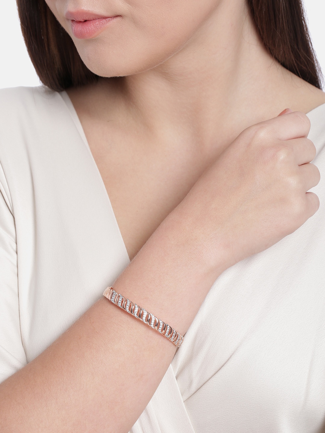 

Peora Women White Rose Gold-Plated American Diamond Kada Bracelet