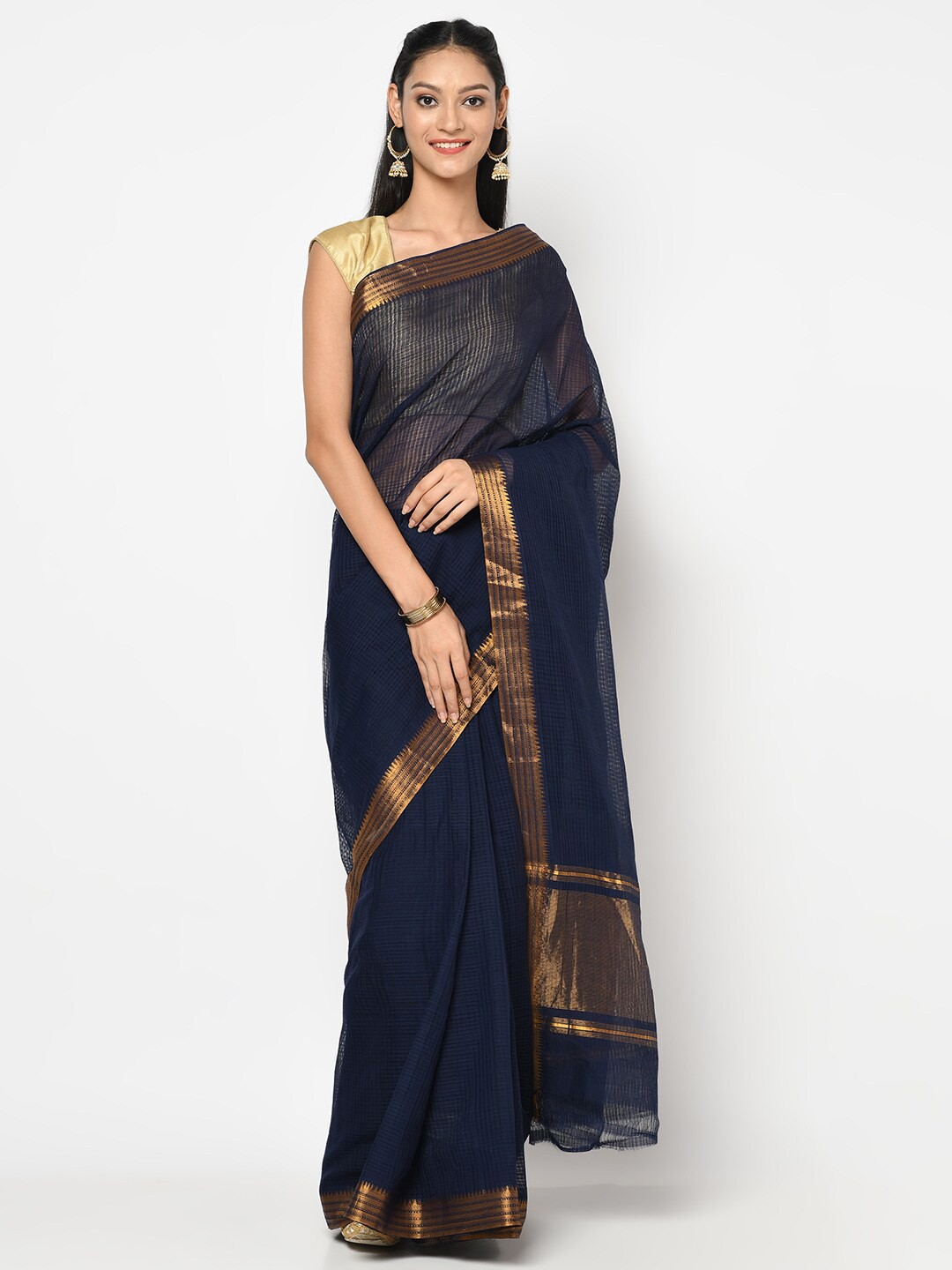 

Fabindia Navy Blue & Gold-Coloured Woven Design Pure Cotton Mangalagiri Saree