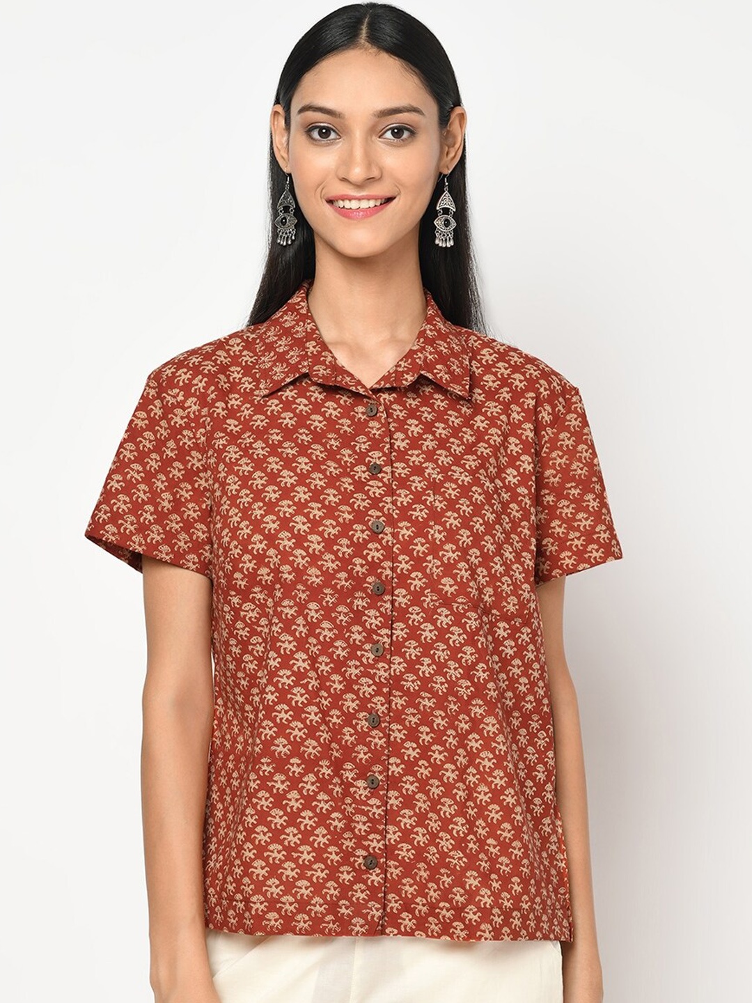 

Fabindia Women Rust Opaque Printed Casual Shirt