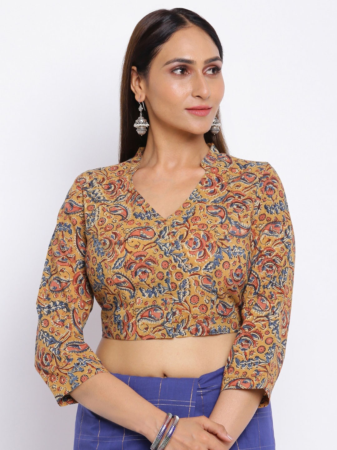 

Fabindia Women Mustard Yellow & Blue Kalamkari Printed Cotton Saree Blouse
