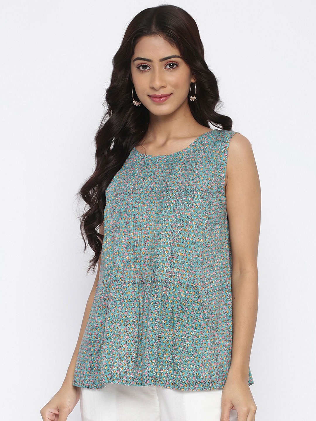 

Fabindia Green & Pink Floral Printed A-Line Top
