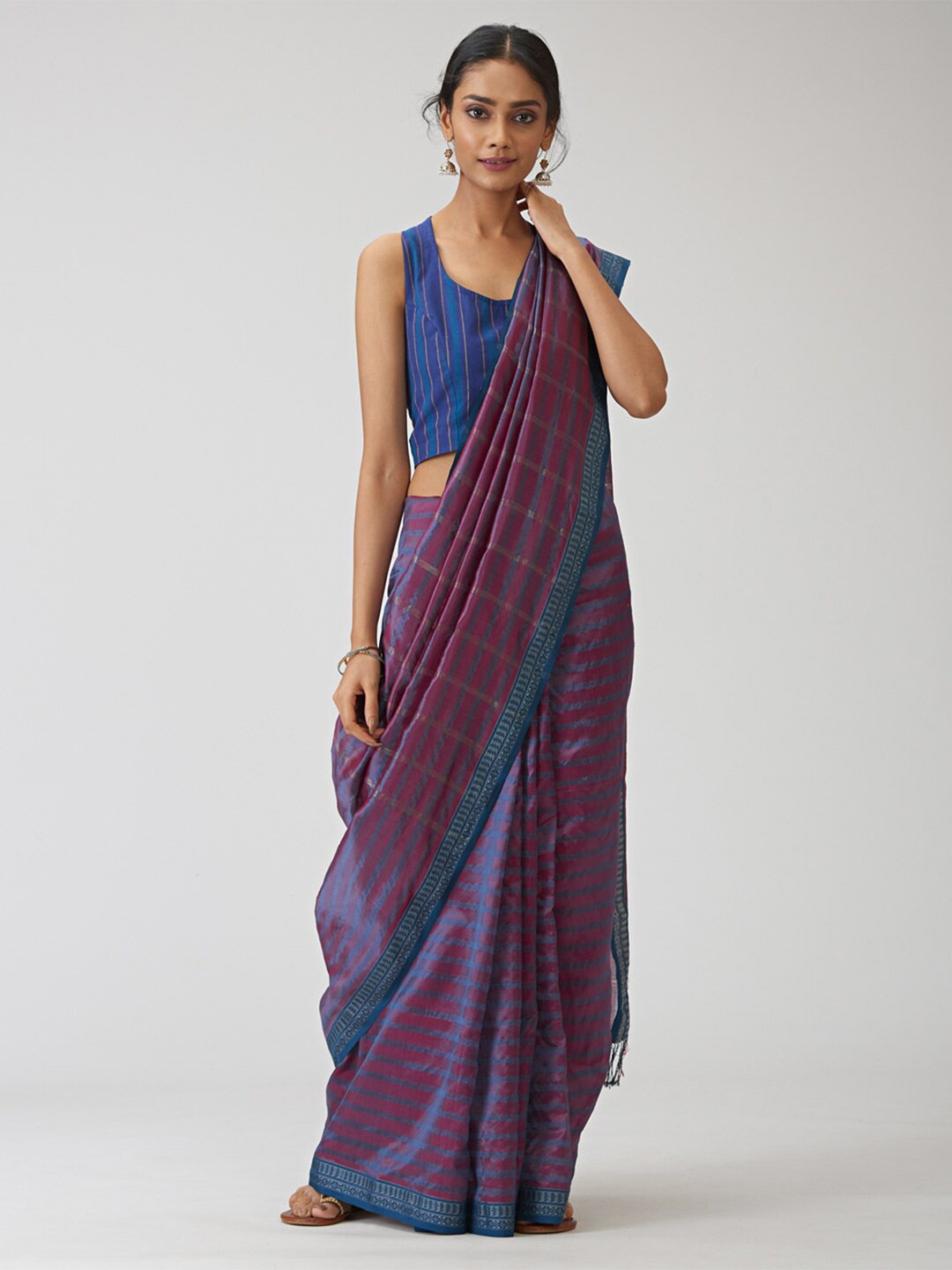 

Fabindia Blue & Pink Striped Maheshwari Sico Saree