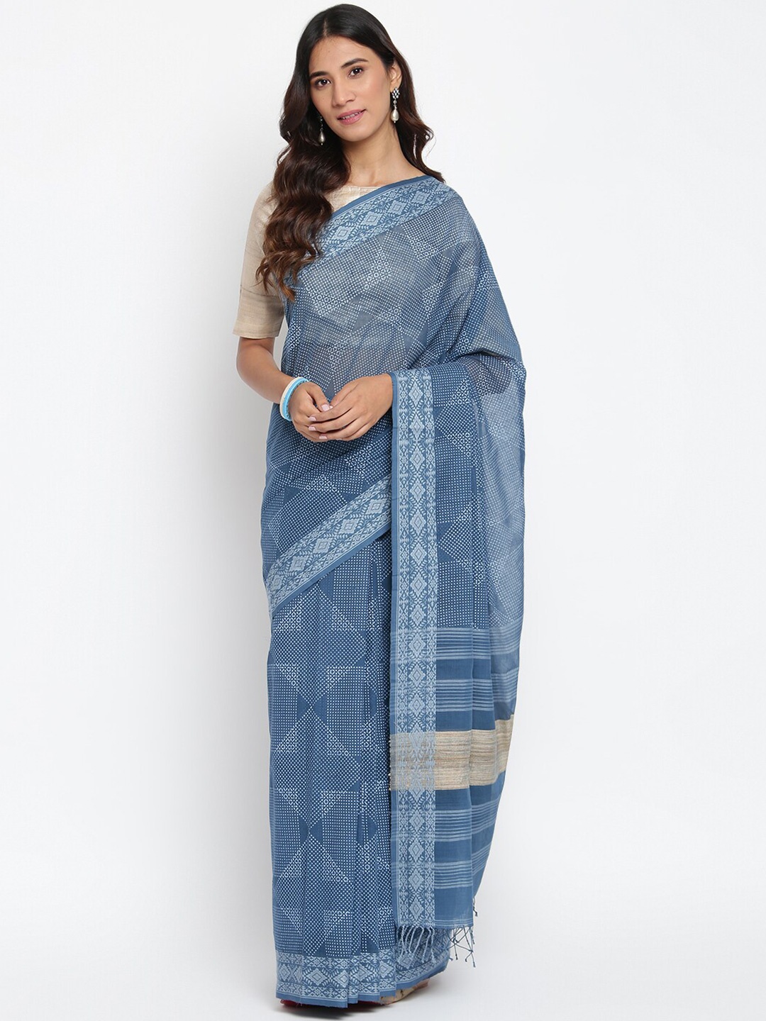 

Fabindia Blue Pure Cotton Block Print Saree