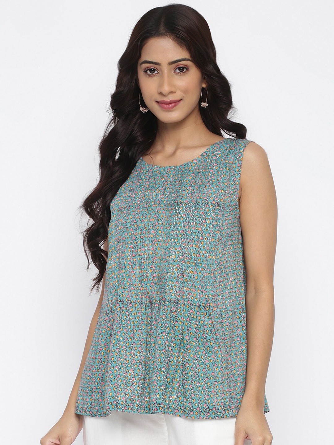 

Fabindia Green Floral A-Line Top