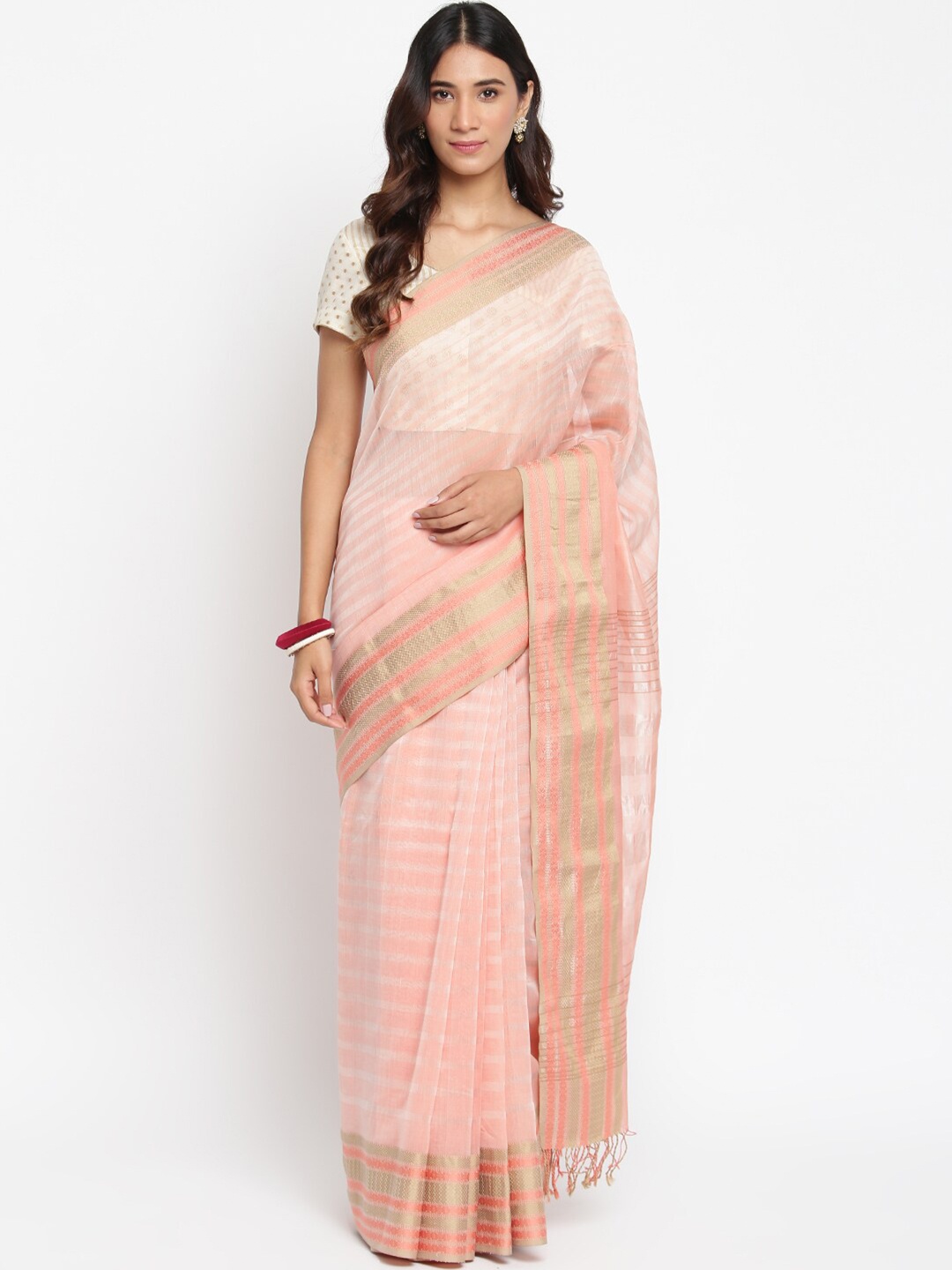 

Fabindia Peach-Coloured Woven Design Maheshwari Saree