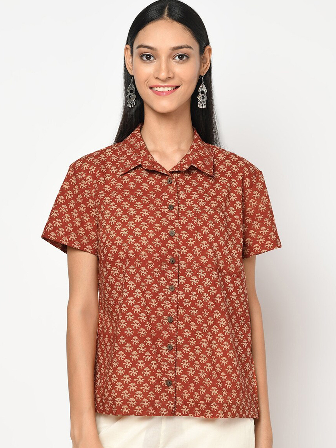 

Fabindia Women Red Opaque Printed Cotton Casual Shirt