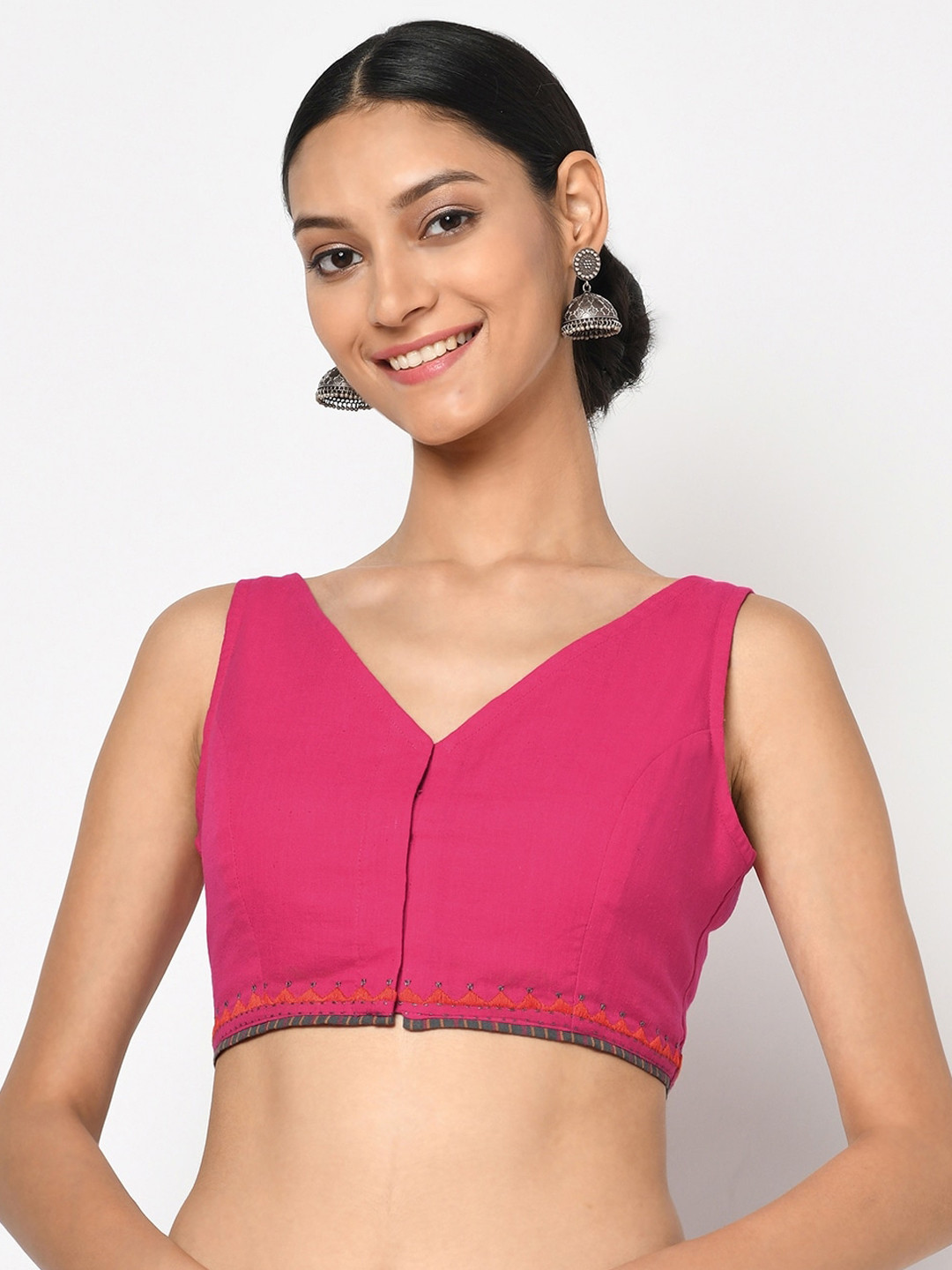 

Fabindia Women Pink & Red Embroidered Cotton Saree Blouse