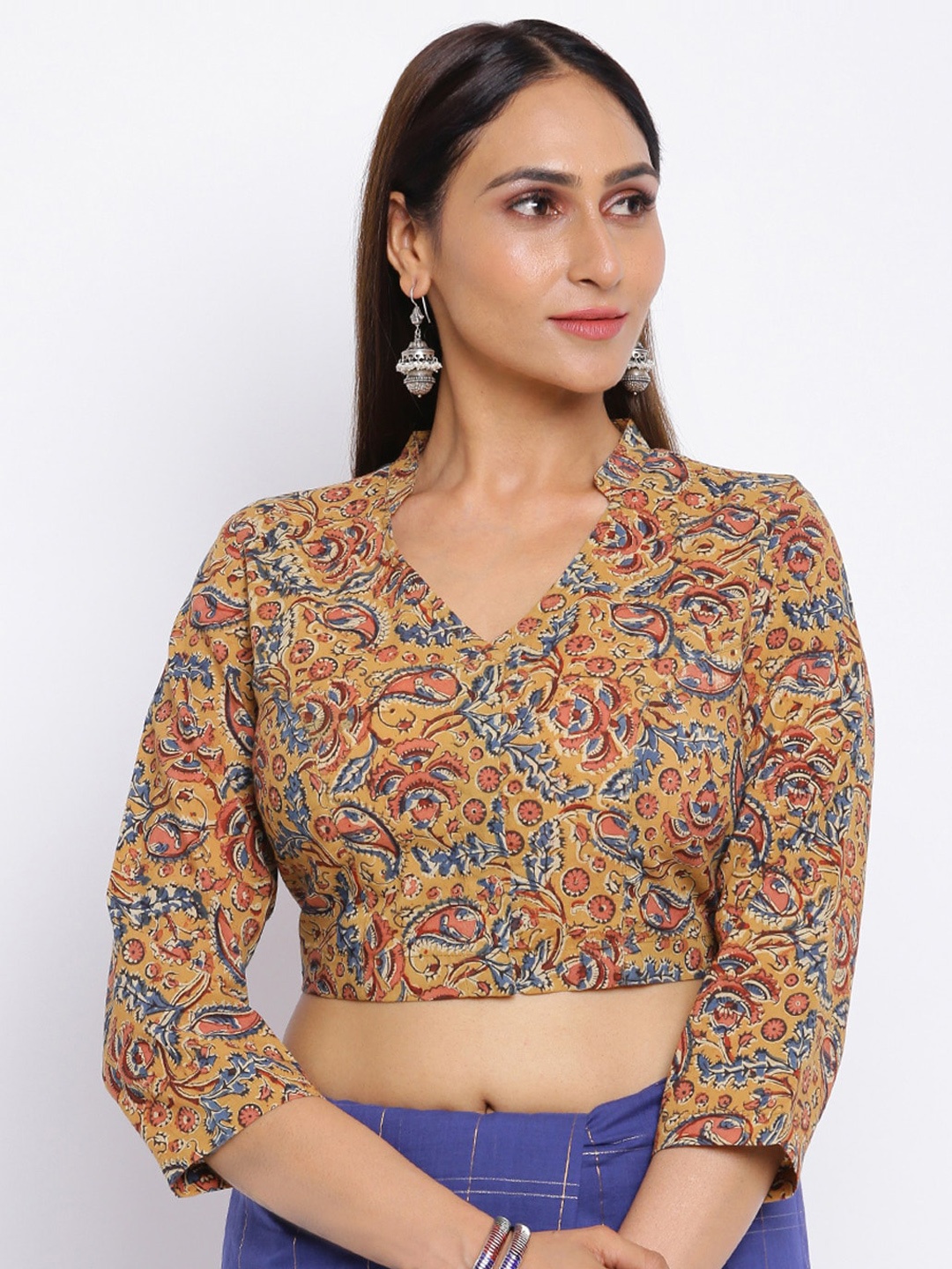 

Fabindia Women Mustard Yellow & Blue Kalamkari Printed Cotton Saree Blouse