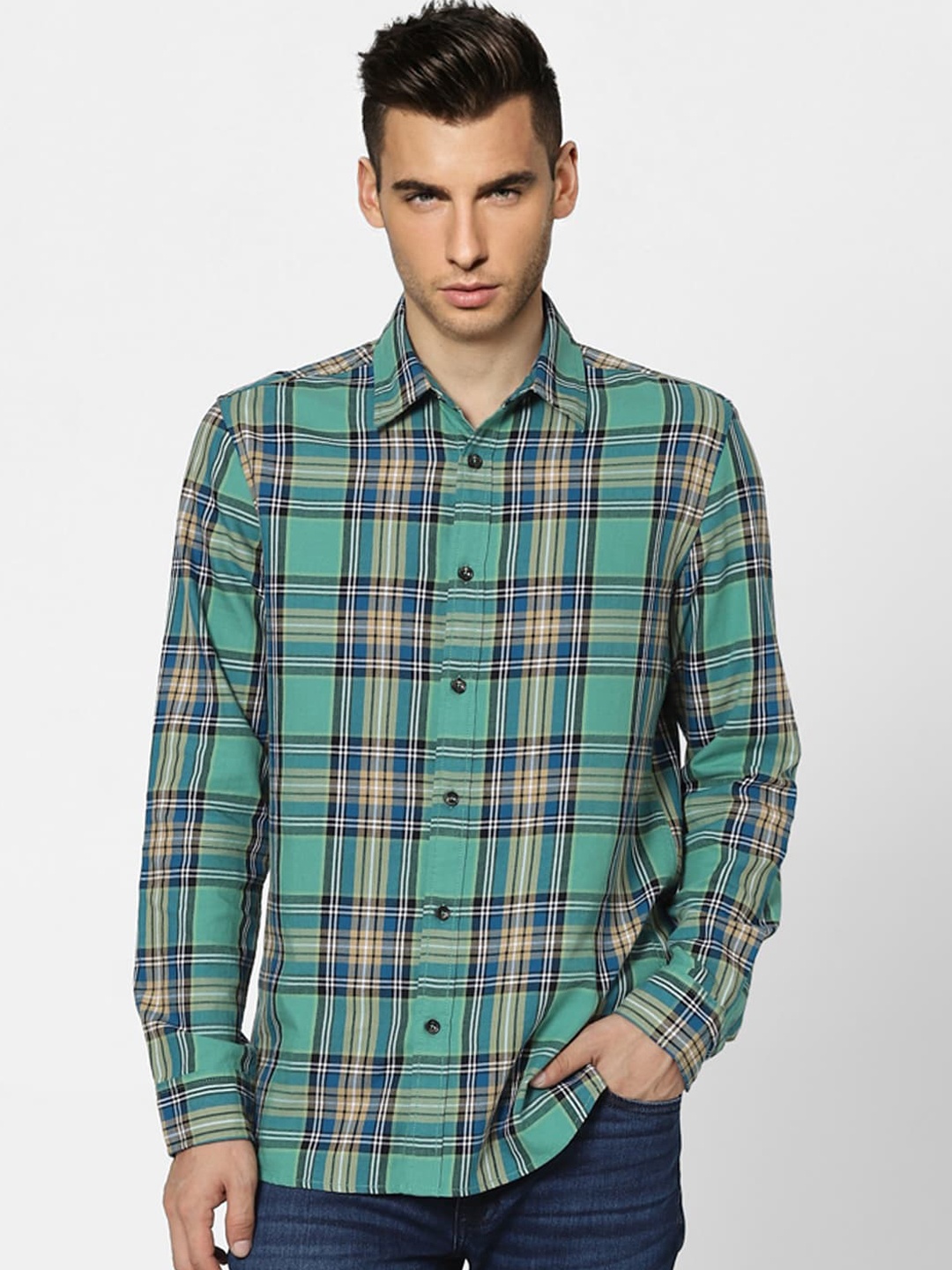 

Jack & Jones Men Green Slim Fit Tartan Checks Opaque Checked Casual Shirt