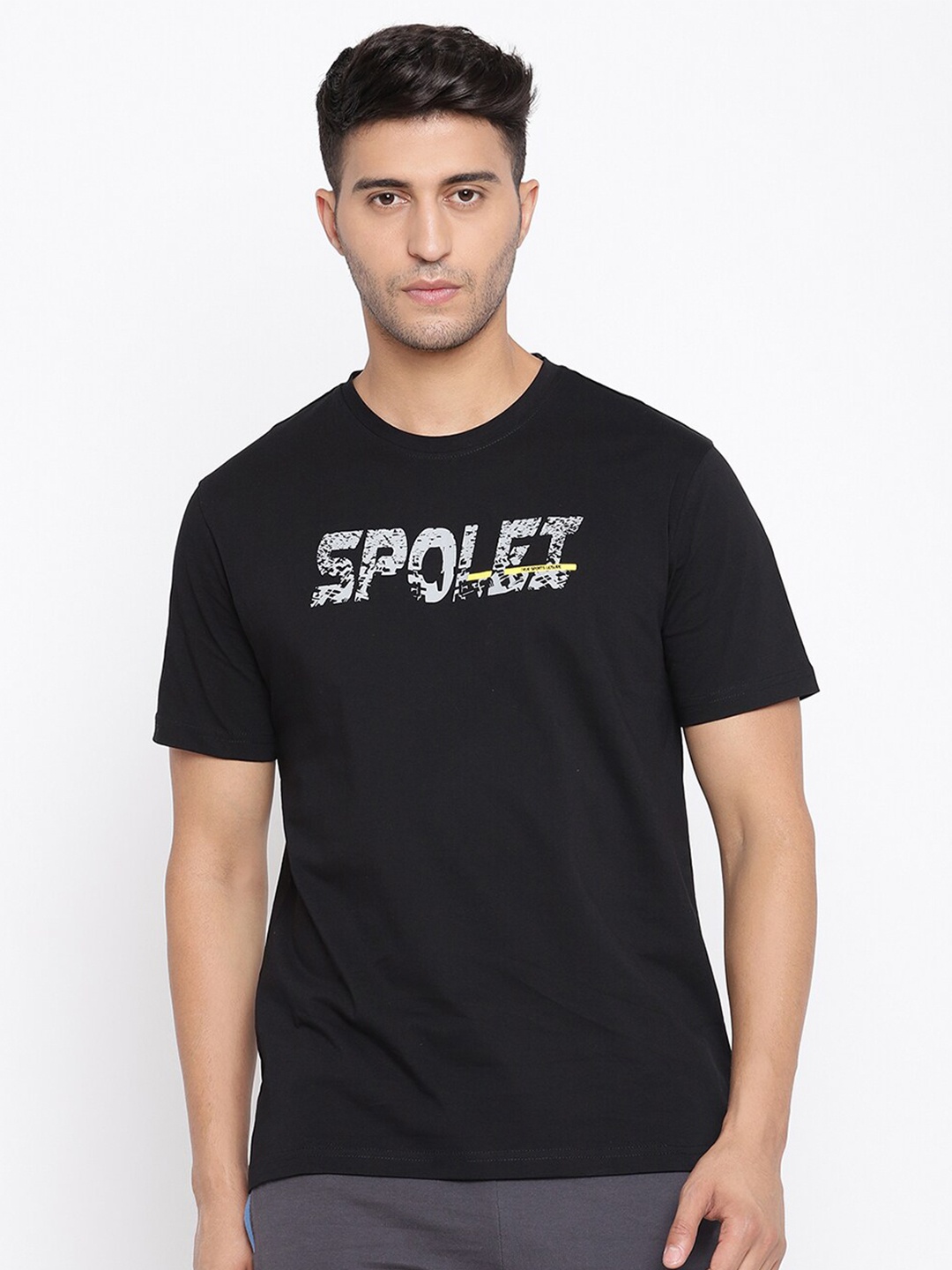 

Spolei Men Black Typography Printed Applique Slim Fit T-shirt