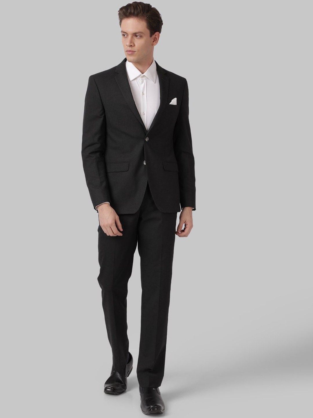 

Park Avenue Men Grey Solid Super Slim-Fit Single-Breasted 2 Piece Formal Suit