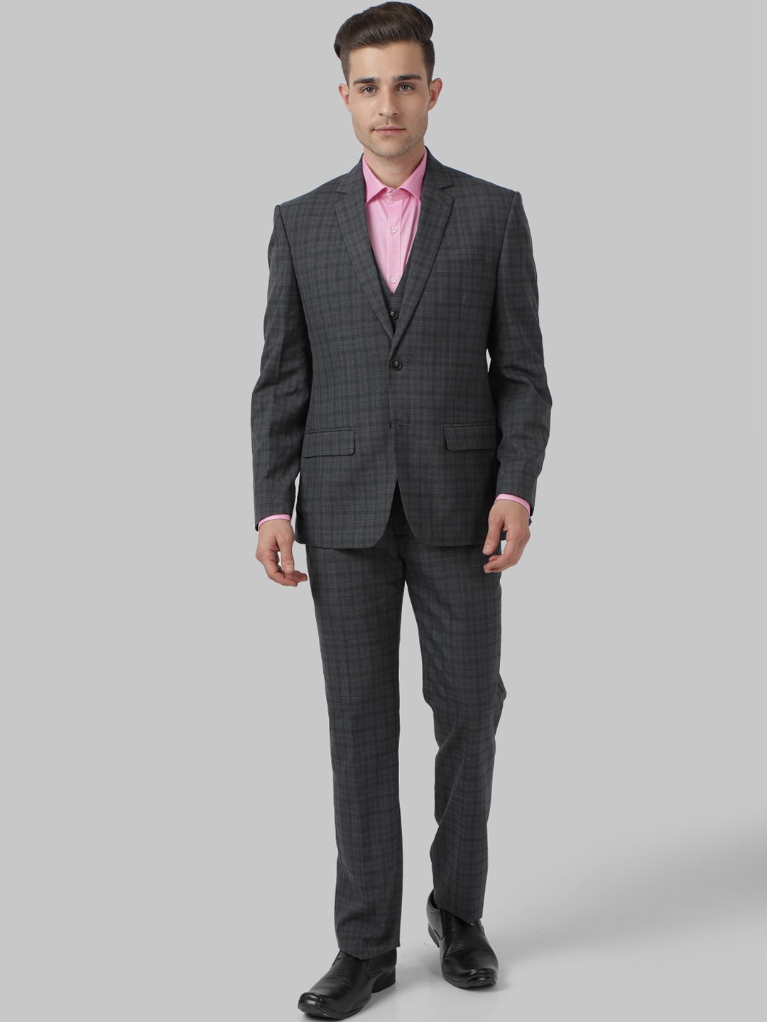 

Park Avenue Men Grey Checked Single-Breasted 3-Piece Formal Suit