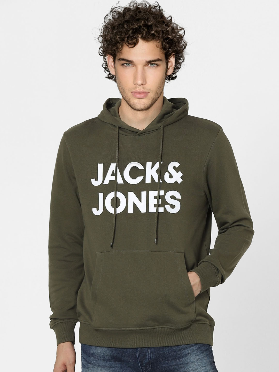 

Jack & Jones Men Olive Green Typography Printed Hooded Sweatshirt