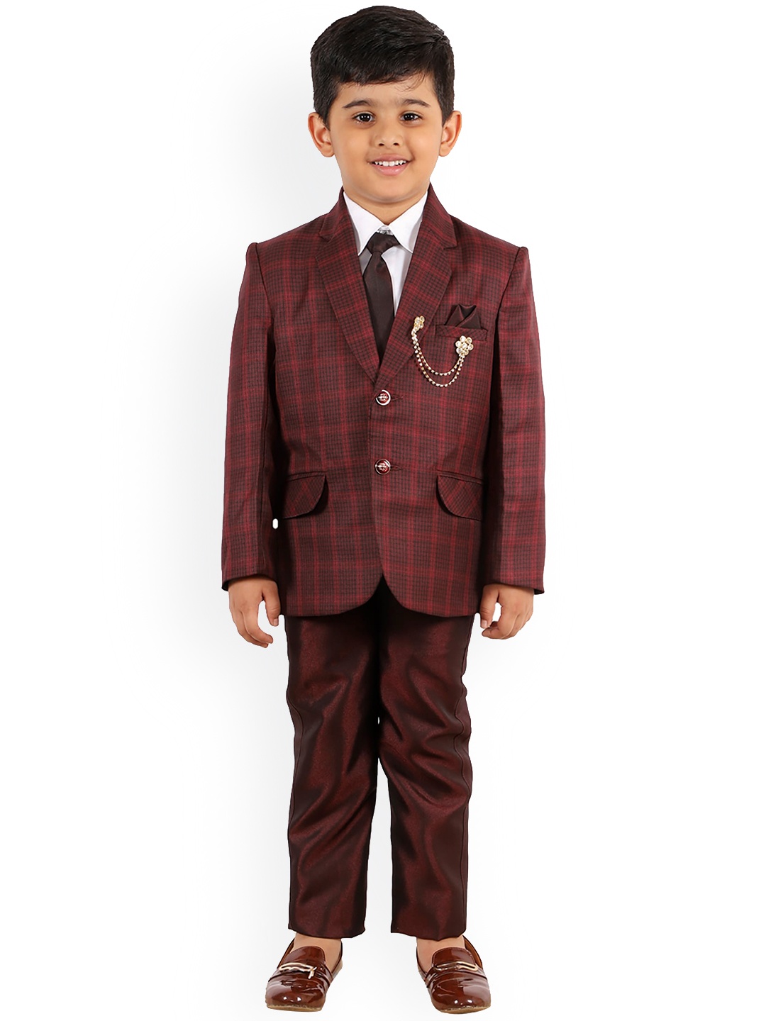 

FOURFOLDS Boys Maroon & Black Checked Single-Breasted 4-Piece Suit