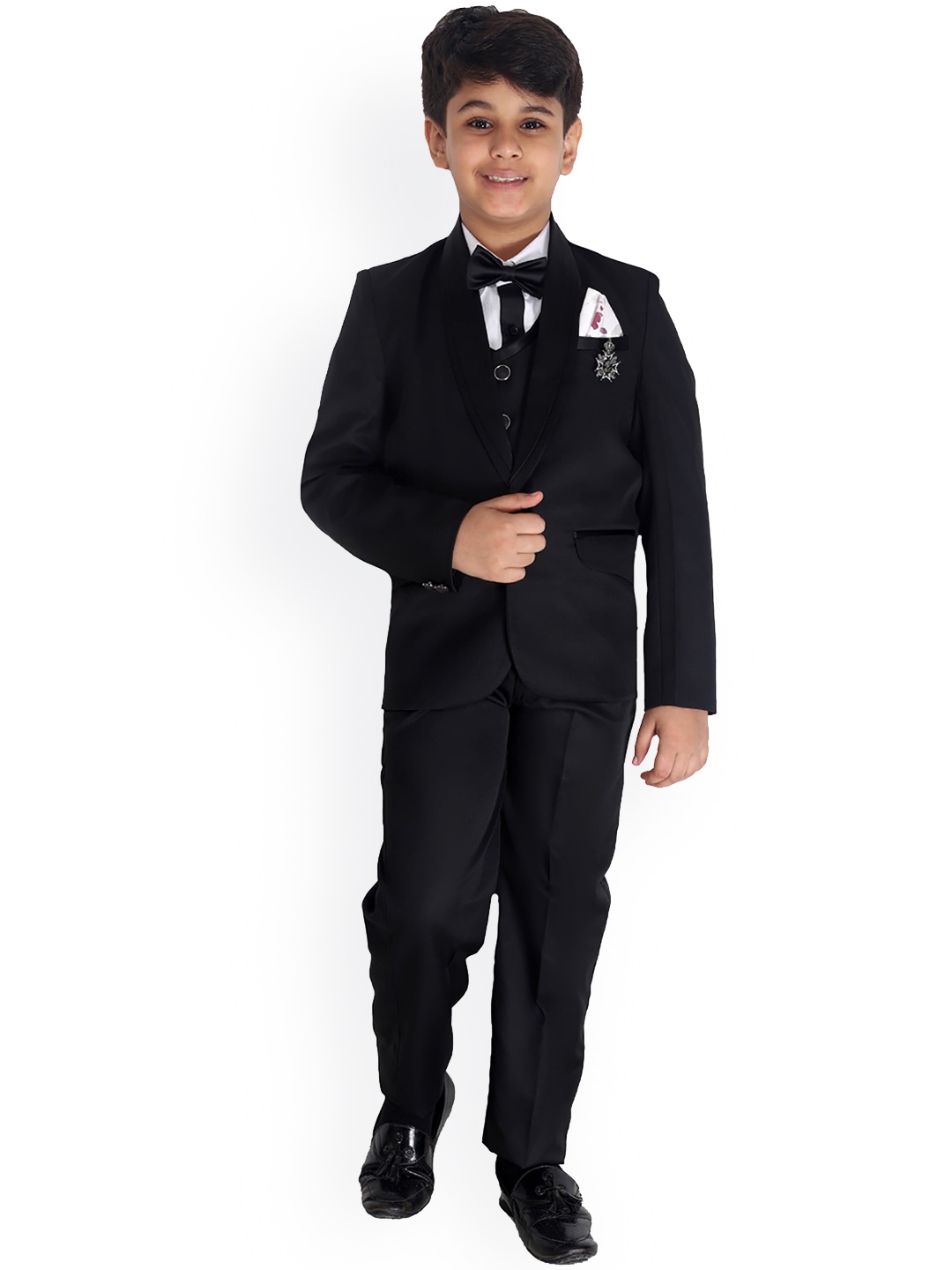 

FOURFOLDS Boys Black Solid Single-Breasted Five-Piece Suit