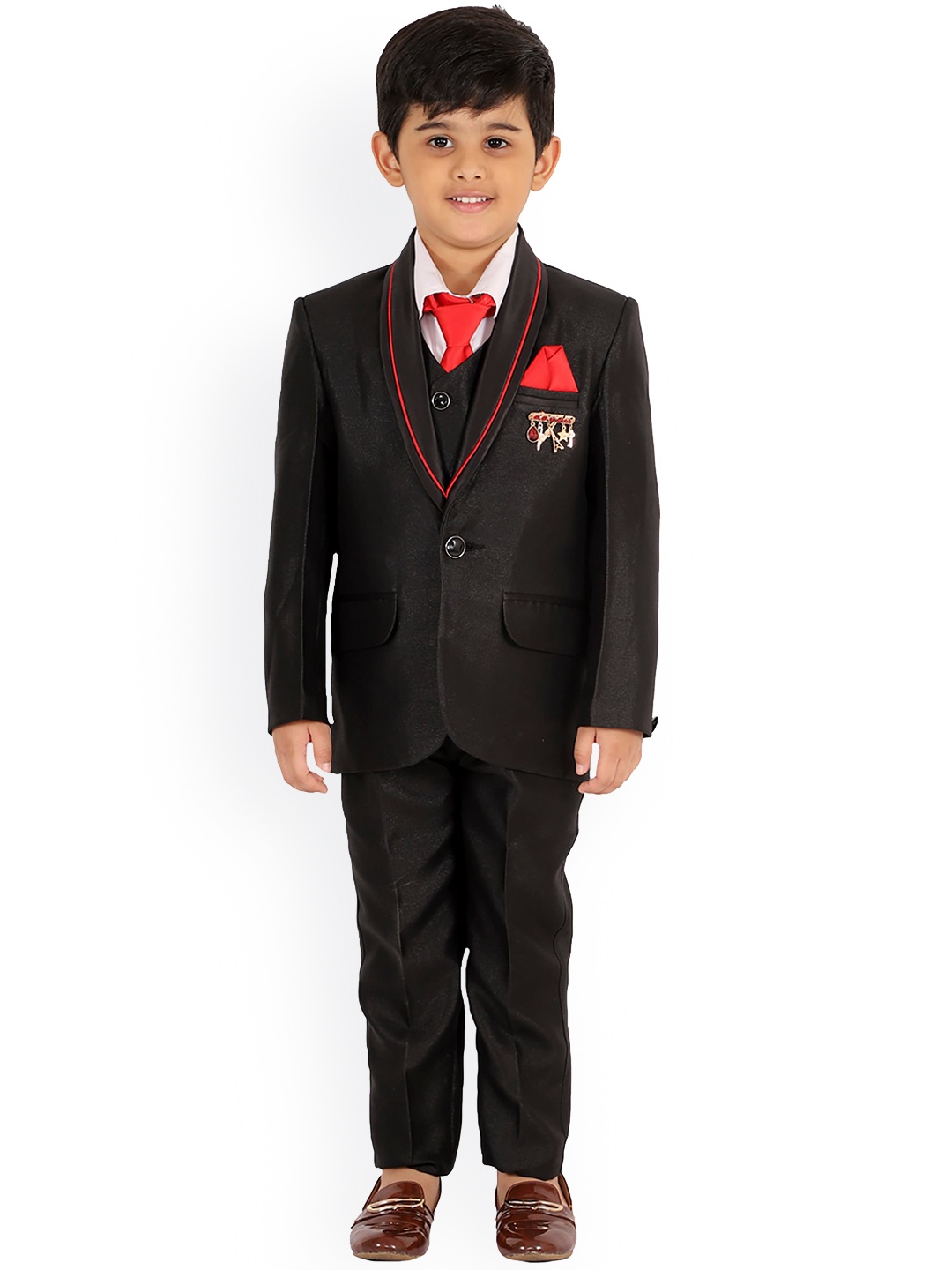 

FOURFOLDS Boys Black Solid Single-Breasted 5-Piece Suit