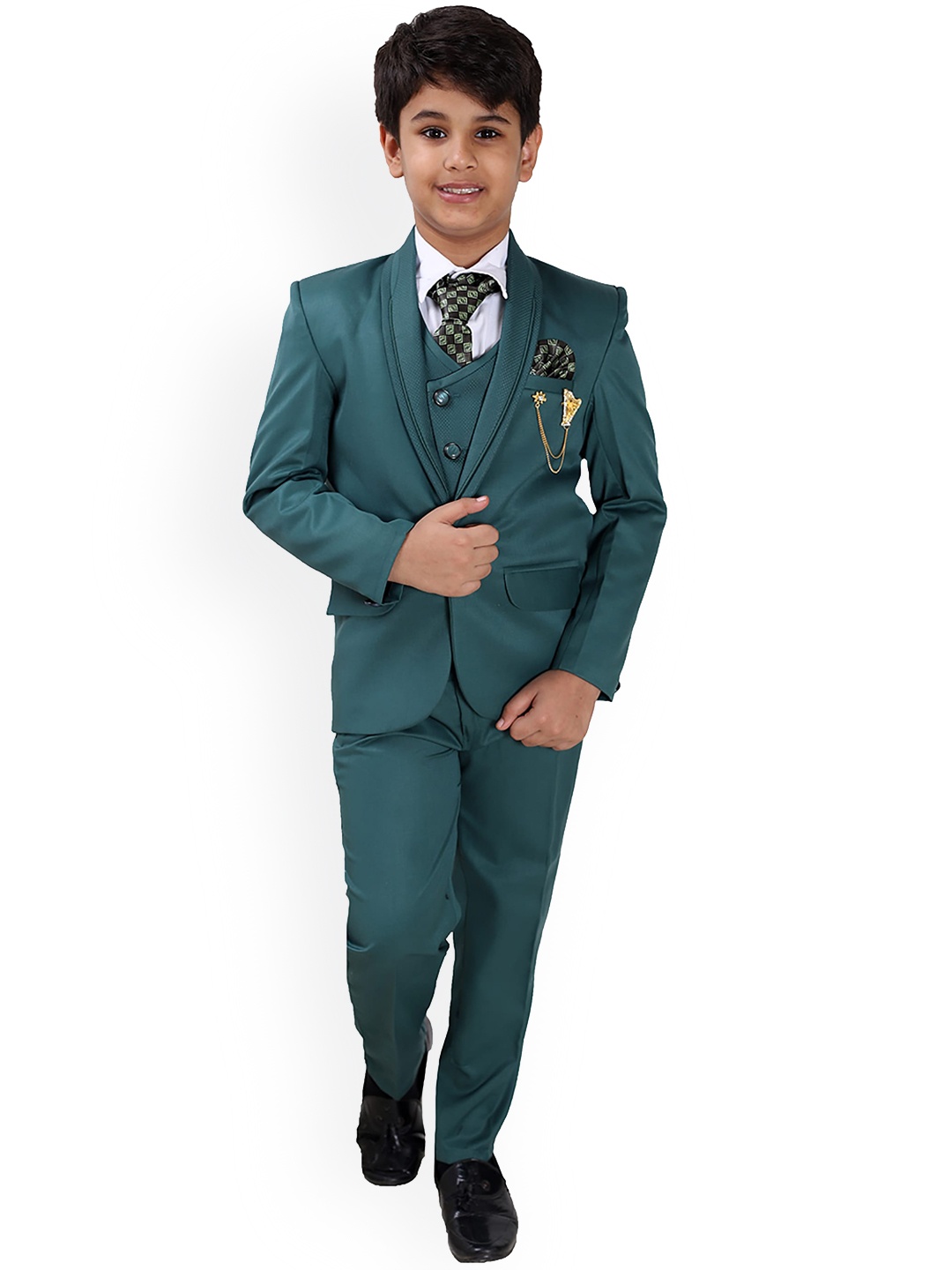 

FOURFOLDS Boys Green Solid Single-Breasted 5-Piece Suit