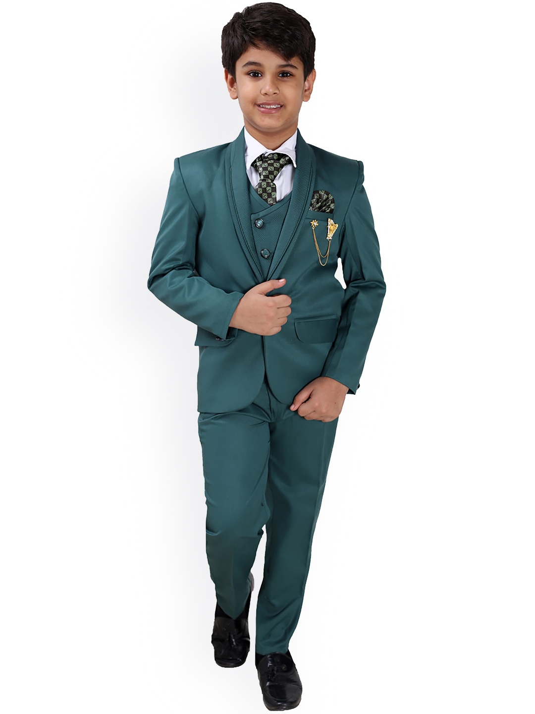 

FOURFOLDS Boys Green Solid Single-Breasted 5-Piece Suit