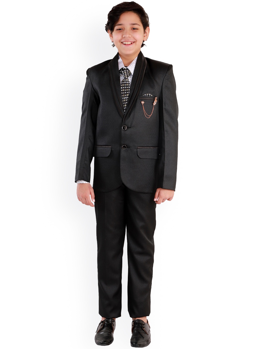 

FOURFOLDS Boys Black Solid Single-Breasted 4-Piece Suit