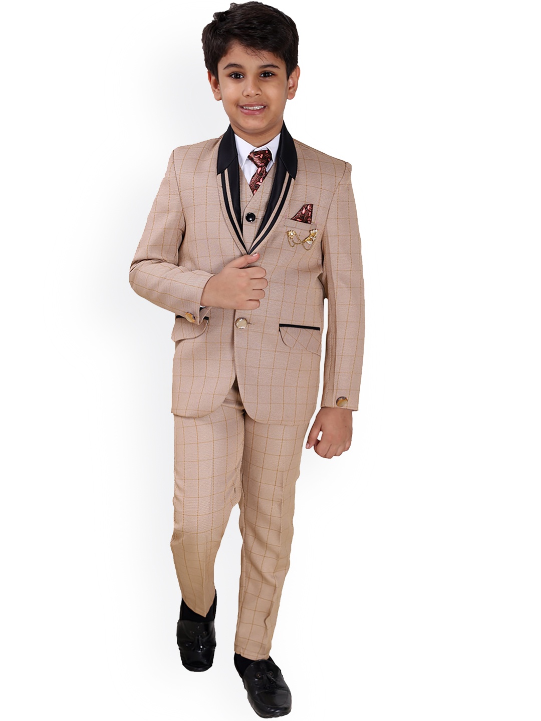 

FOURFOLDS Boys Beige Checked 5-Piece Party Suit