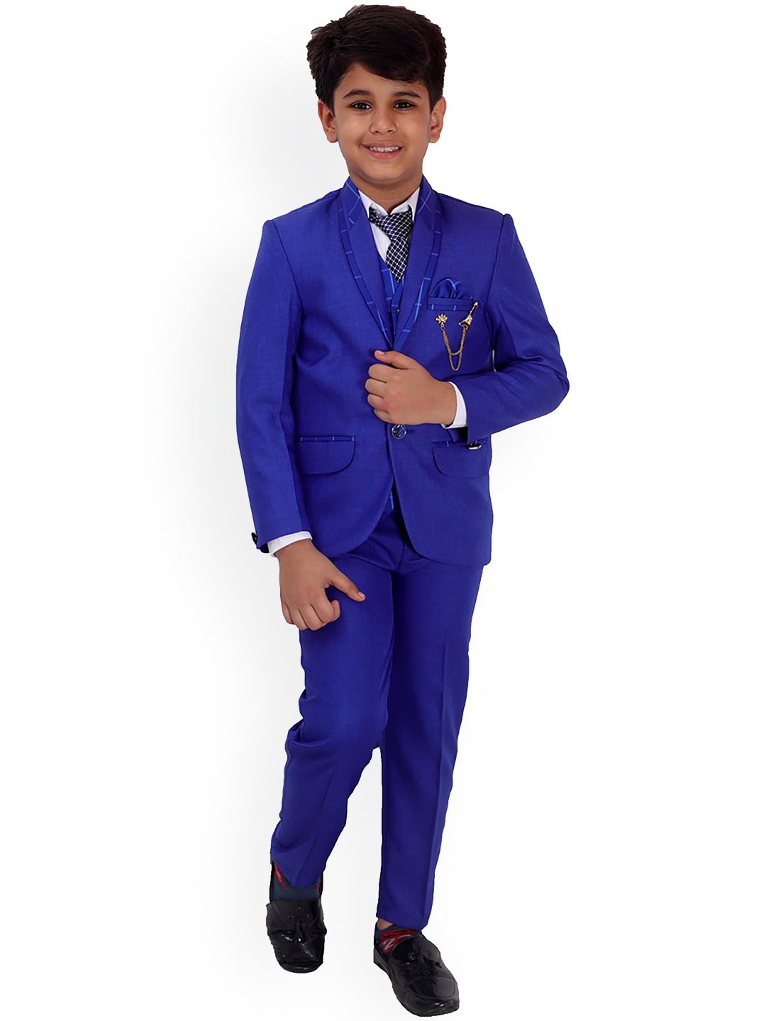 

FOURFOLDS Boys Blue Solid Single-Breasted 5-Piece Suit