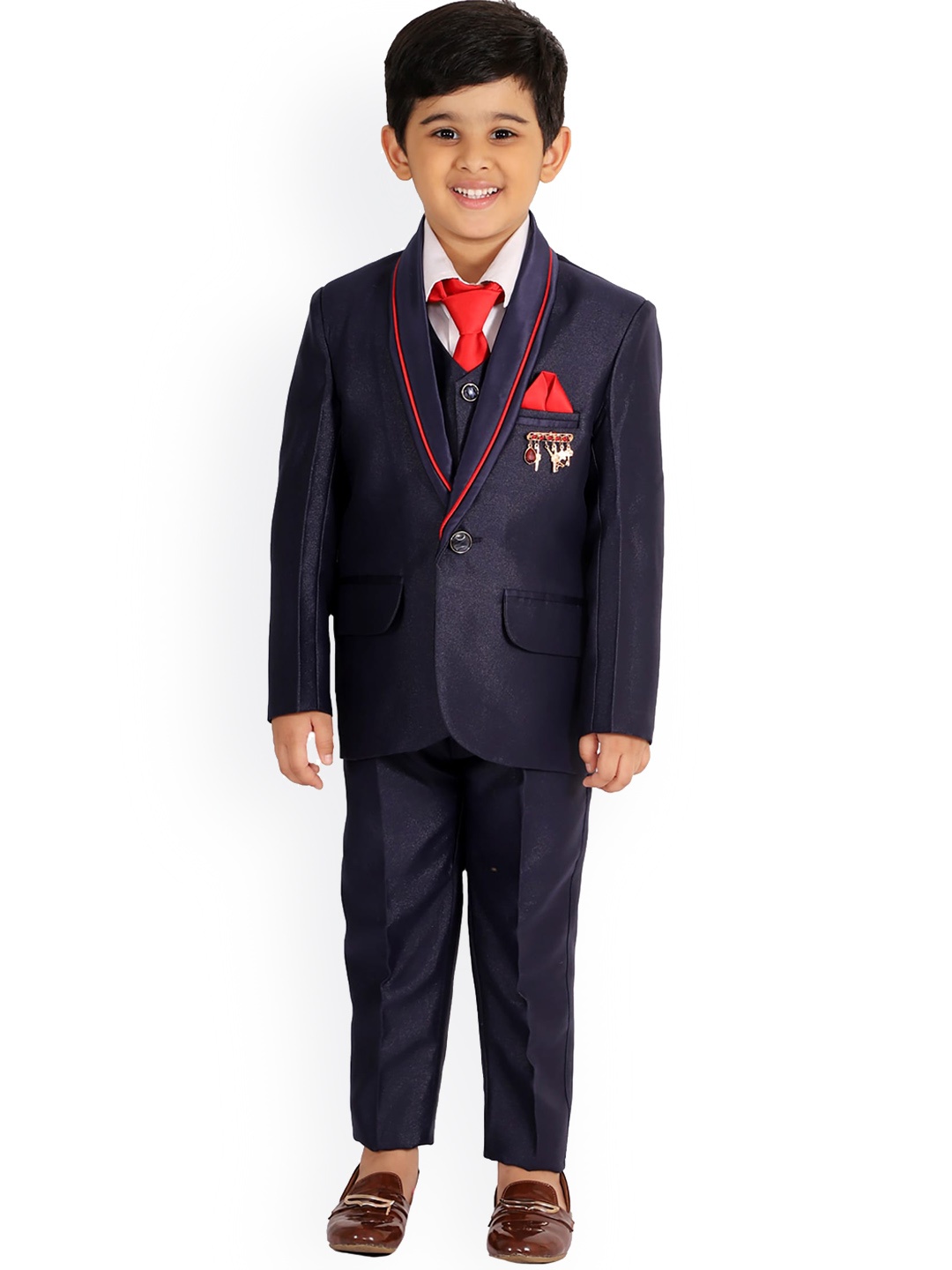 

FOURFOLDS Boys Navy Blue Solid Single-Breasted 5-Piece Suit