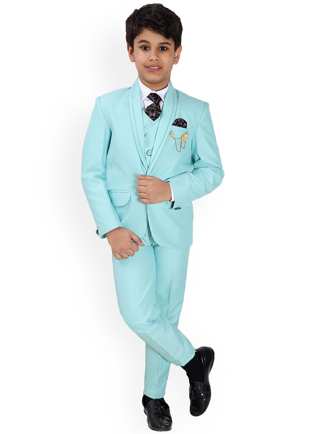 

FOURFOLDS Boys Sea Green Solid Single-Breasted 5-Piece Suit