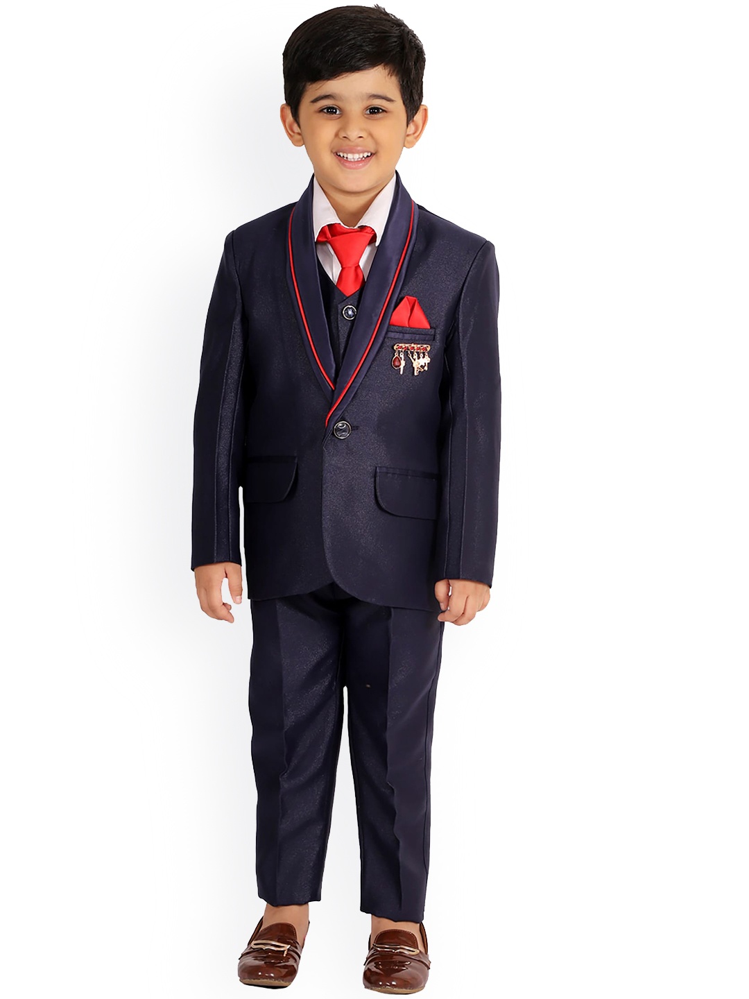 

FOURFOLDS Boys Navy Blue Solid Single-Breasted 5-Piece Suit