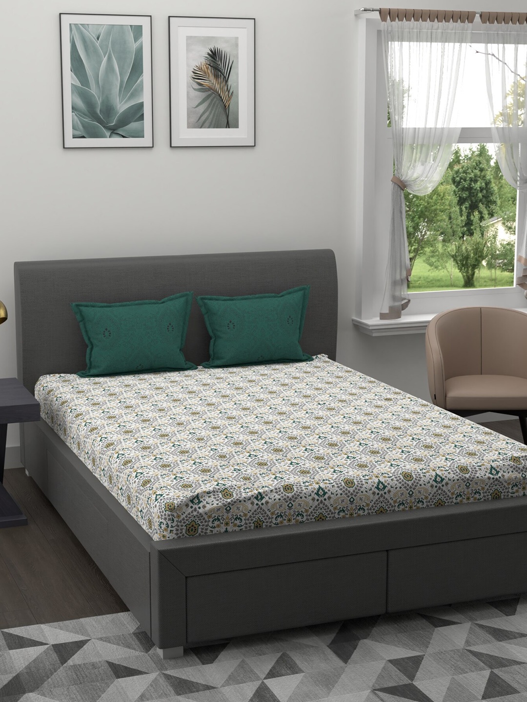 

MYTRIDENT Green Ethnic Motifs Pure Cotton 120 TC Double Queen Bedsheet with 2 Pillow Covers