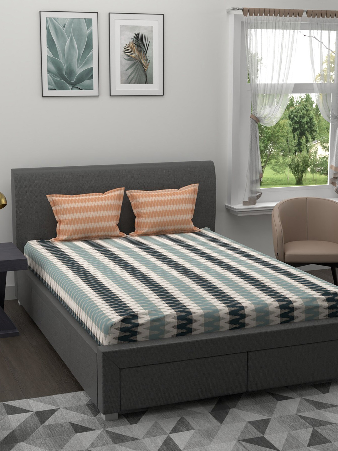 

Trident Blue & White Abstract Pure Cotton 120 TC Double Bedsheet with 2 Pillow Covers
