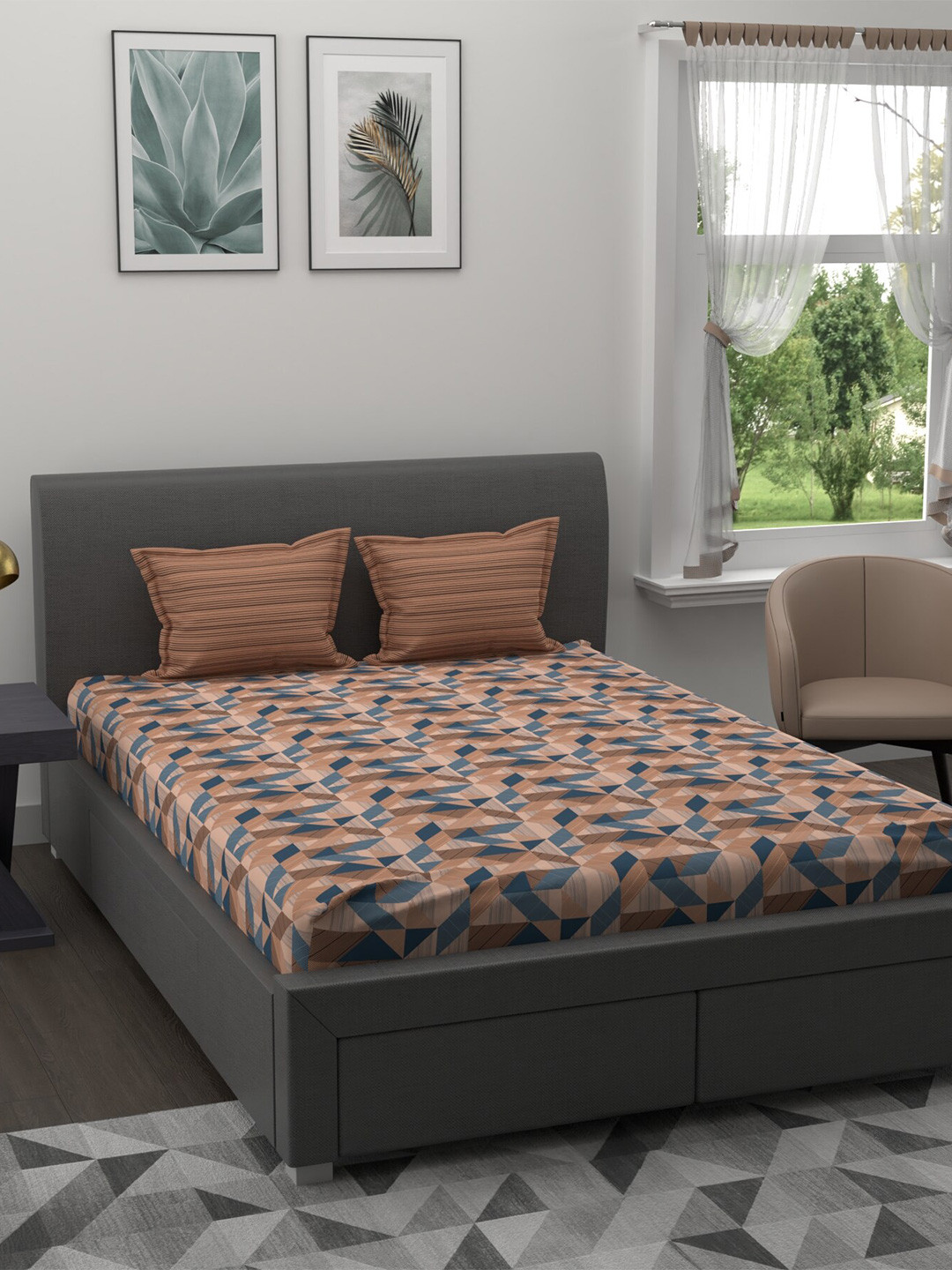 

Trident Brown Geometric Pure Cotton 120 TC Double Queen Bedsheet with 2 Pillow Covers
